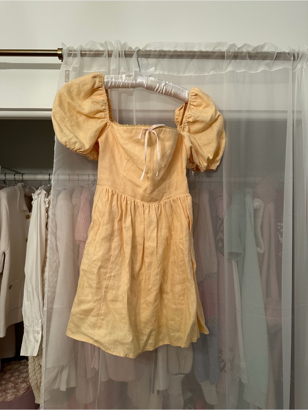 Reformation Malvina Linen Puff-Sleeve Mini Dress Parmesan Butter Yellow